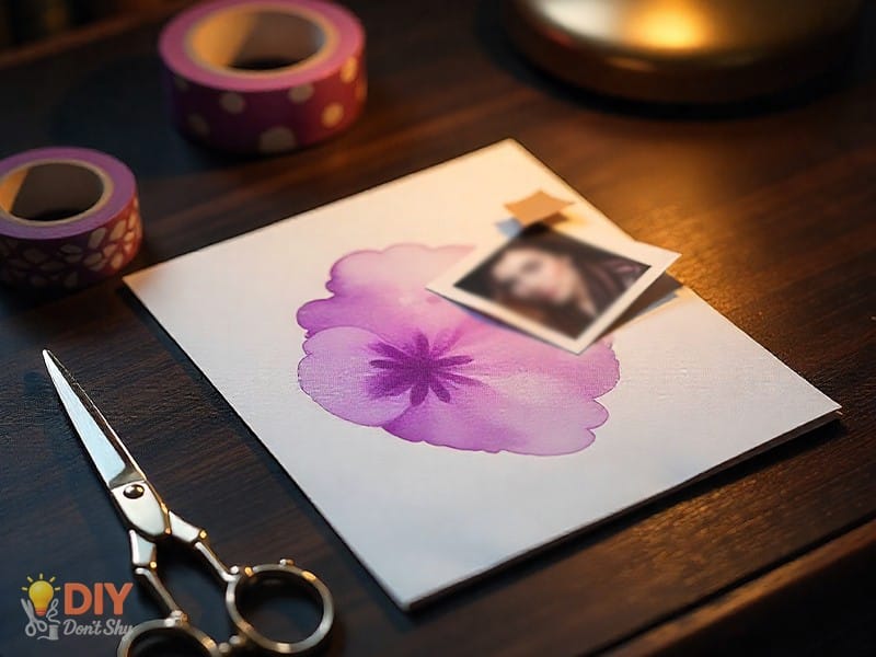 Printed photo attached to handmade card front over watercolor background.