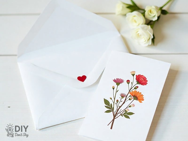 Handmade birthday card for Mom with stamped heart envelope.