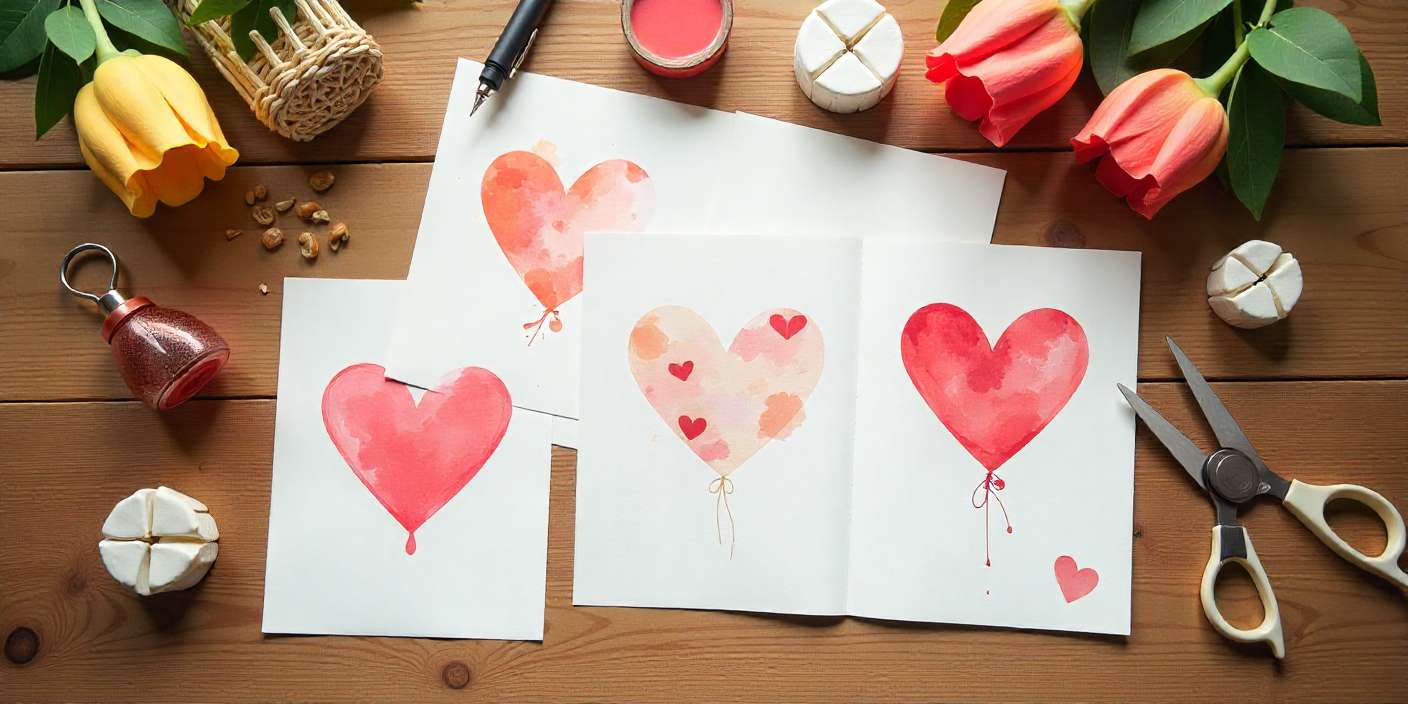 Homemade birthday cards for Mom with watercolor, pop-up hearts, and collage designs displayed on a wooden table.