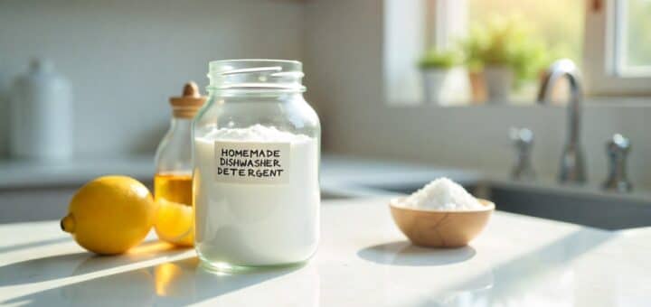 Homemade dishwasher detergent with baking soda stored in a glass jar on a kitchen counter.