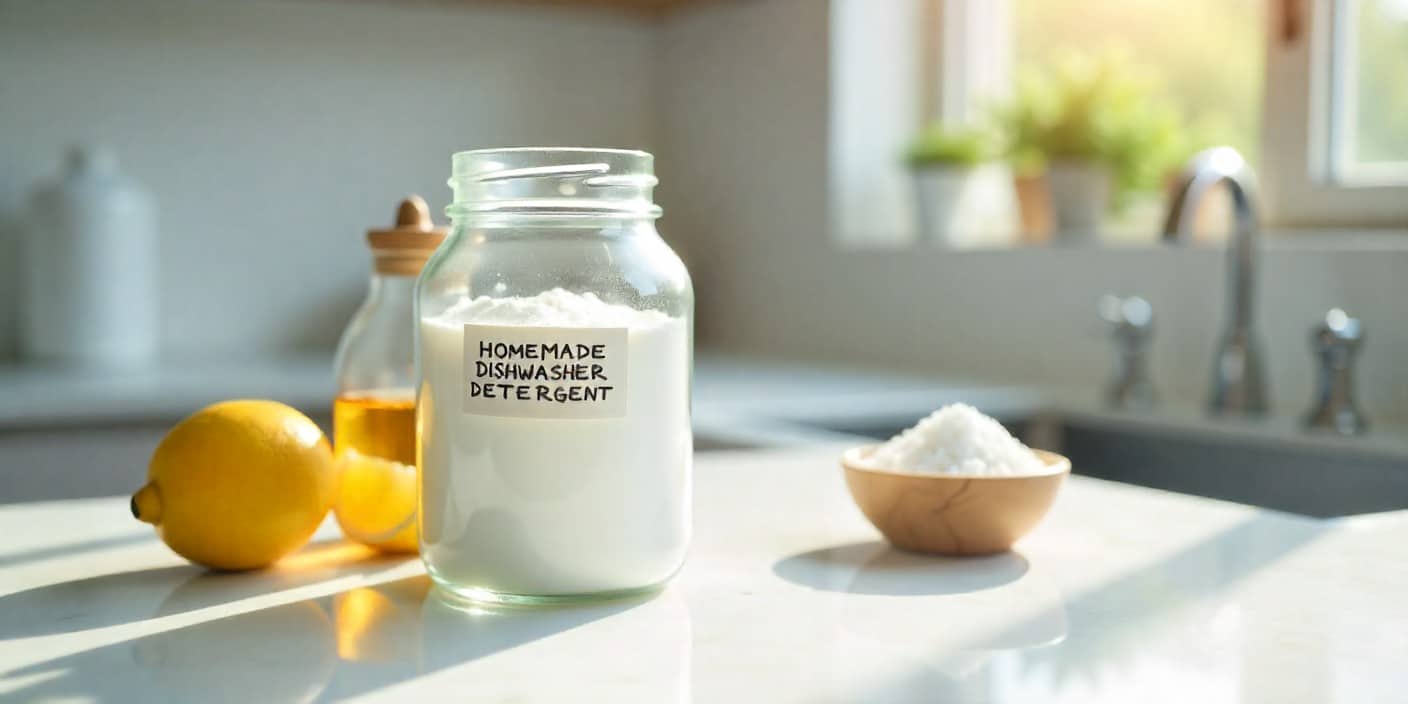 Homemade dishwasher detergent with baking soda stored in a glass jar on a kitchen counter.