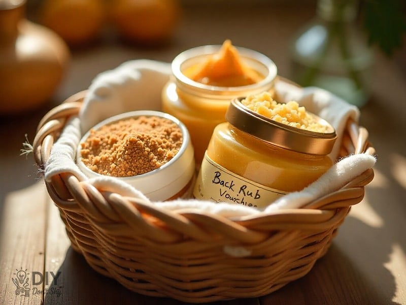 At-home spa gift basket with homemade body care products and a massage voucher.