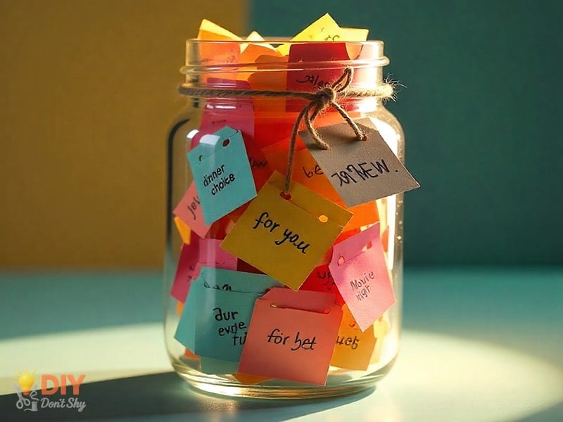Homemade gift jar with love notes and small rewards written on paper slips for husband.