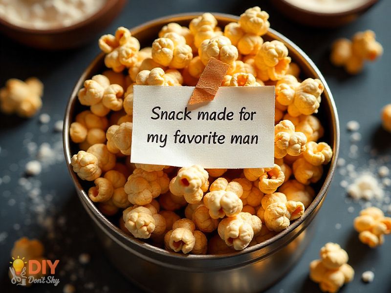Homemade popcorn mix with a love note as a romantic gift idea.