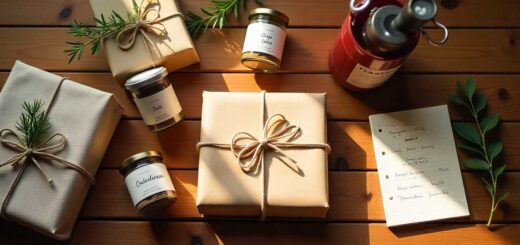 Beautifully wrapped homemade gifts for adults including spice jars, recipe journal, and handmade crafts on a rustic table.