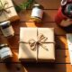 Beautifully wrapped homemade gifts for adults including spice jars, recipe journal, and handmade crafts on a rustic table.