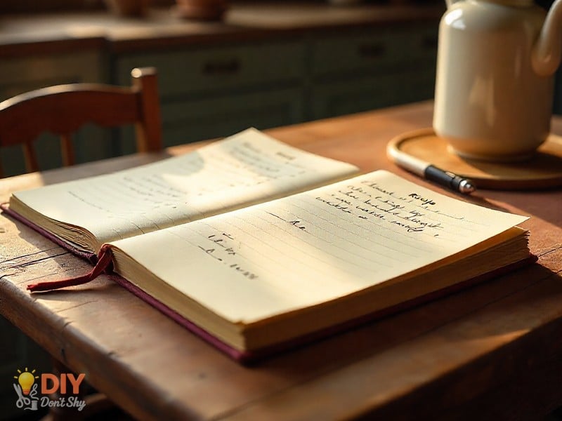 Handmade recipe journal with handwritten family notes and recipe cards as a thoughtful gift for Mom.