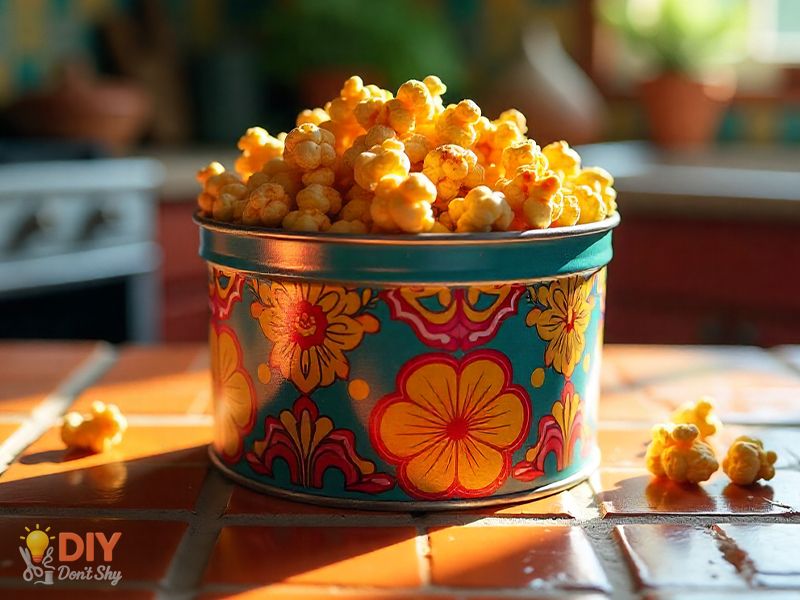 Layered popcorn tin with sweet, savory, and spicy flavors as a quick homemade gift idea