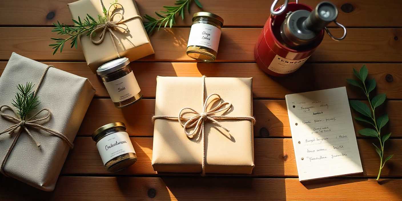 Beautifully wrapped homemade gifts for adults including spice jars, recipe journal, and handmade crafts on a rustic table.