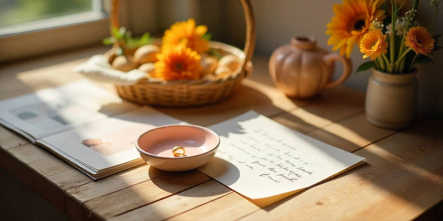 Homemade gifts for daughter from mom including snacks, jewelry dish, and personal notes on a table.