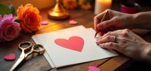 Handmade Valentine’s Day card supplies on a desk with scissors, glue, and hearts.