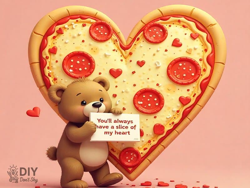 Funny Valentine’s Day card with a pizza and heart-shaped toppings.