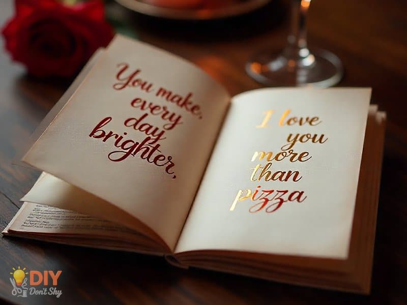 Valentine’s card with short romantic and funny handwritten notes.