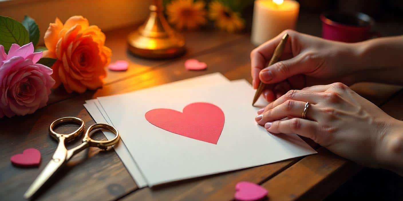 Handmade Valentine’s Day card supplies on a desk with scissors, glue, and hearts.