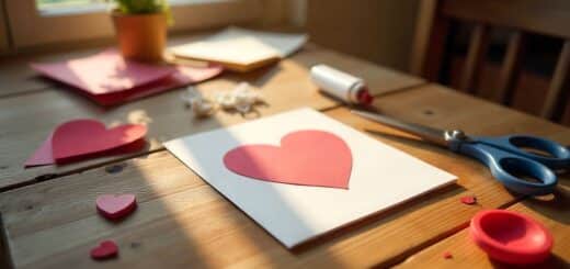Homemade Valentine’s Day card for husband being crafted on a wooden table with simple tools