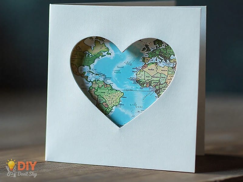 Valentine’s card with heart window showing a map of a first date location