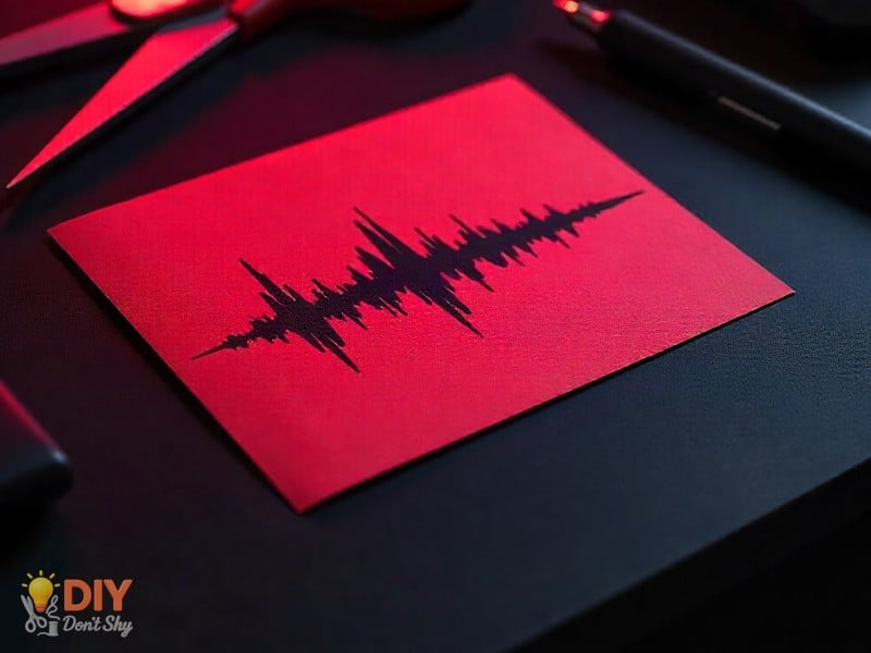 Handmade Valentine’s card with printed heartbeat waveform on red paper