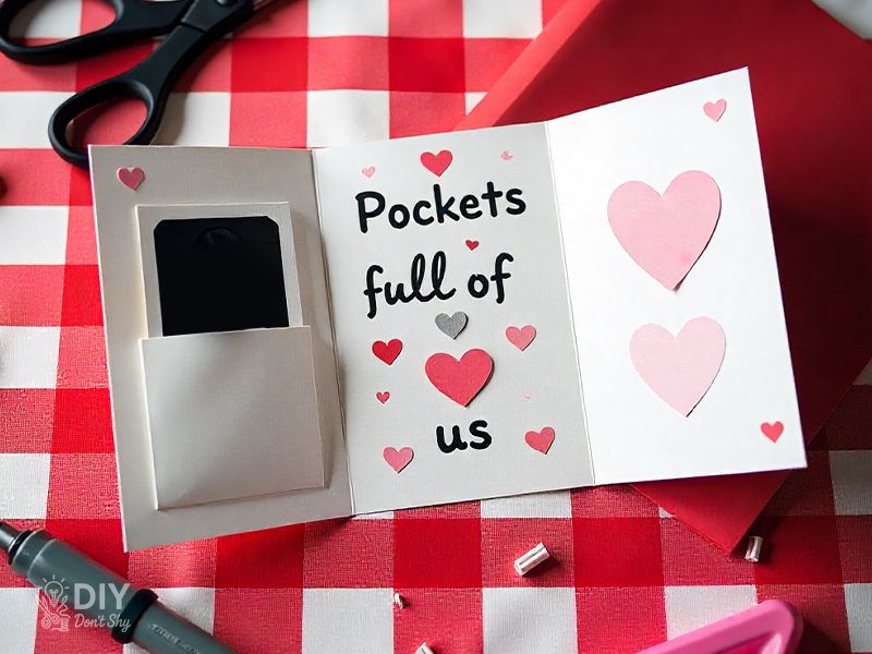 Three-fold Valentine’s card with pocket holding photo and love note