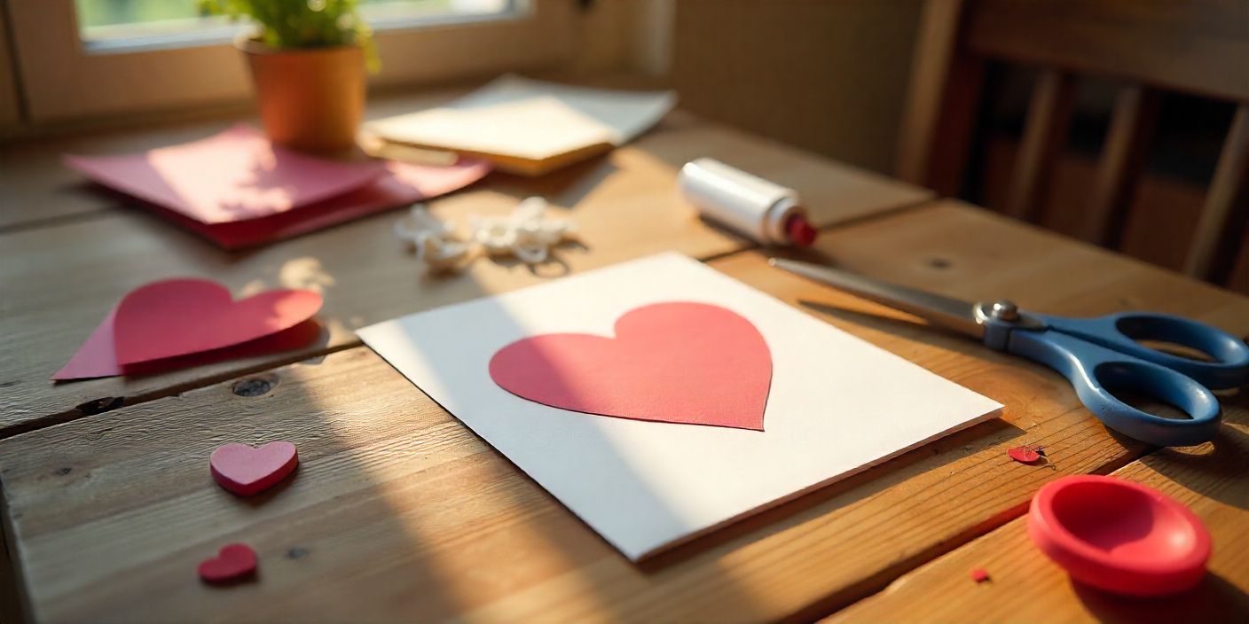 Homemade Valentine’s Day card for husband being crafted on a wooden table with simple tools