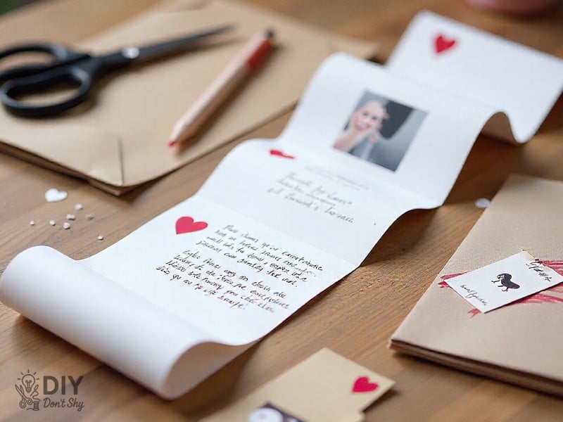 Accordion-style handmade Valentine’s card with doodles, notes, and photos laid out on a table