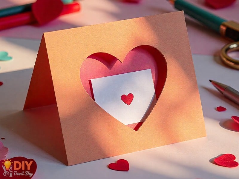 Layered window-style Valentine’s card with a cut-out design and handwritten message