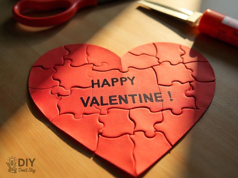 Handmade Valentine’s puzzle heart card with cut-out pieces and handwritten message