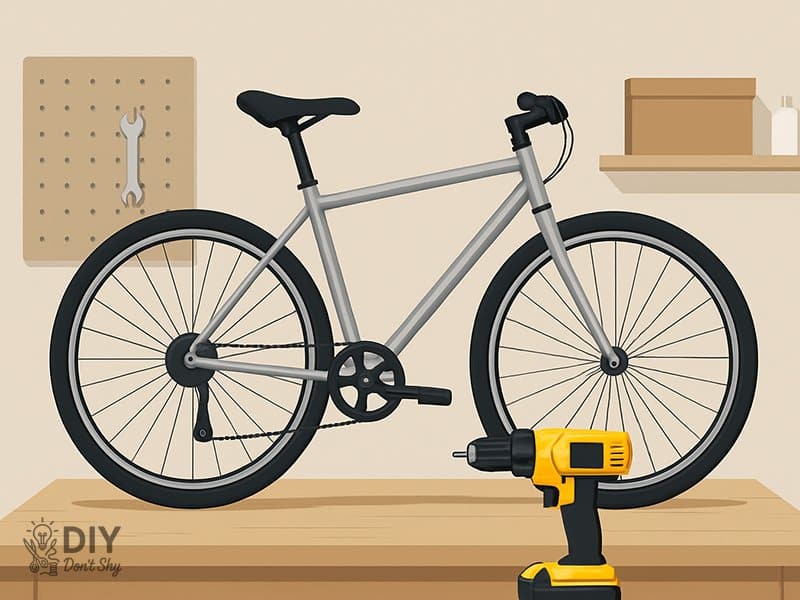 Step 1 DIY electric bike tutorial – bicycle with clean rear tire and cordless drill prepared on a wooden worktable.