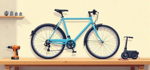 DIY guide illustration showing a bicycle, cordless drill, and scooter motor on a wooden worktable in a workshop – step-by-step tutorial on how to build an electric bike for less than $100.