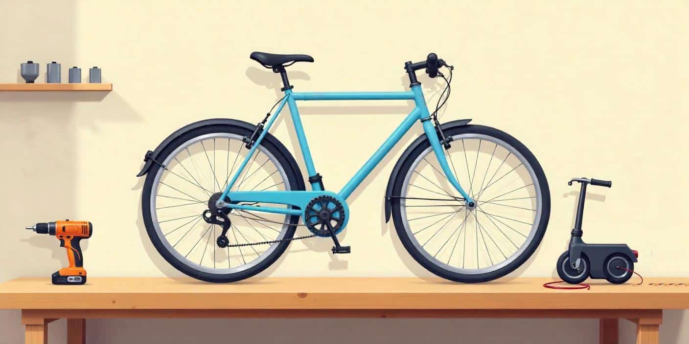 DIY guide illustration showing a bicycle, cordless drill, and scooter motor on a wooden worktable in a workshop – step-by-step tutorial on how to build an electric bike for less than $100.