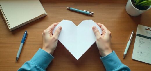 Student folding a plain sheet of paper into a heart shape on a desk.