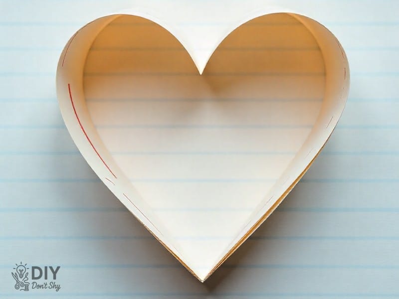 Notebook paper folded into a heart with margin line showing as part of design.