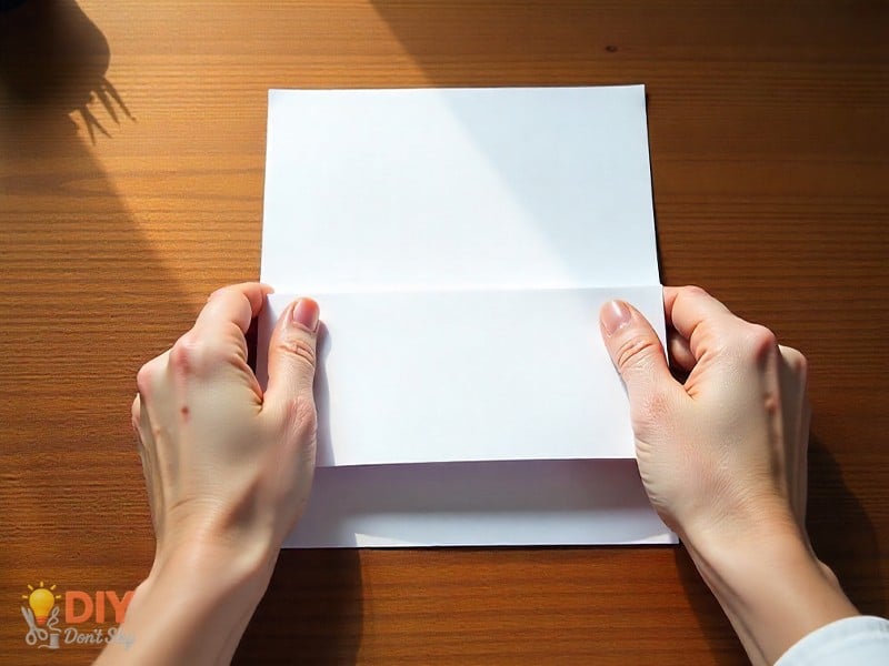 Hands folding rectangular paper in half as the first step to make a paper heart.