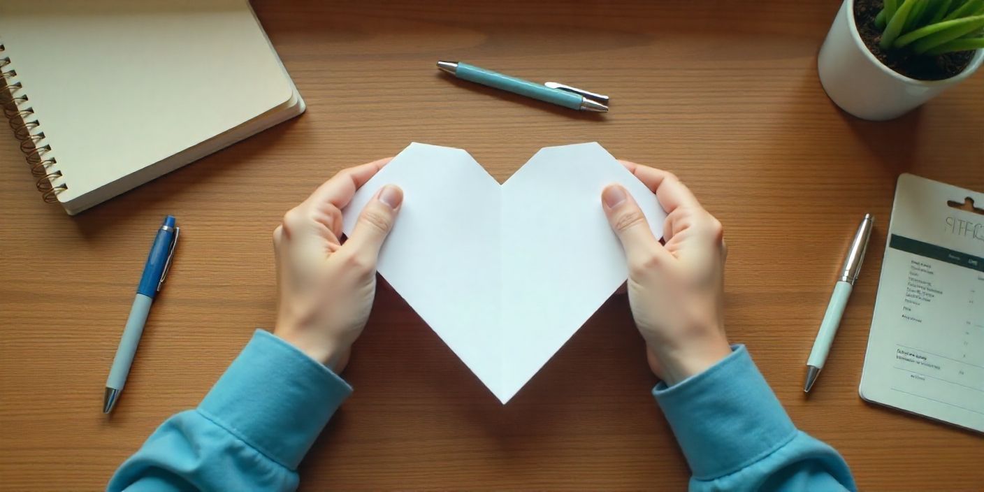 Student folding a plain sheet of paper into a heart shape on a desk.