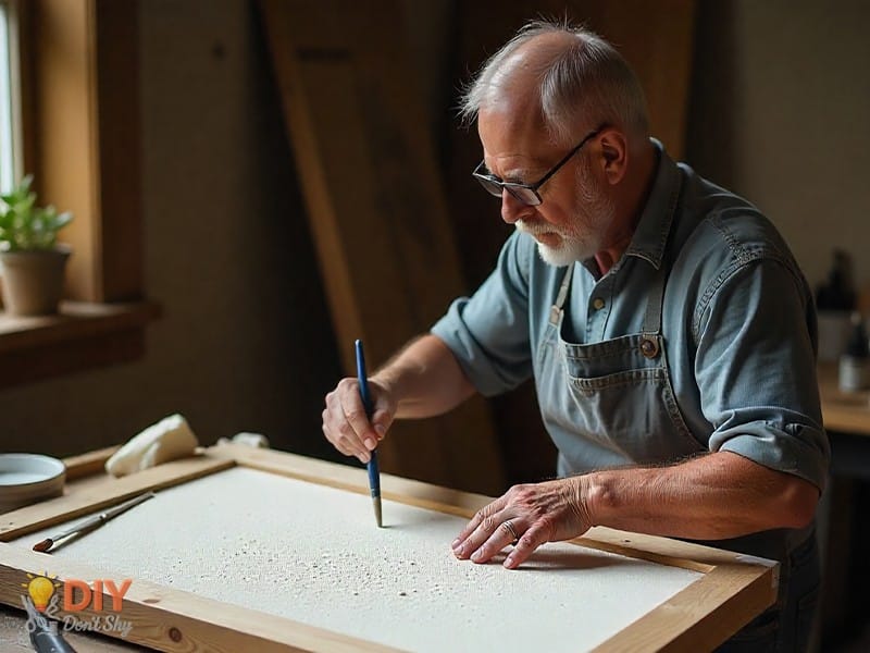 Applying gesso texture to ornate picture frame before finishing.