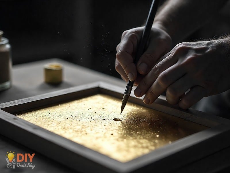 Applying gold leaf to ornate picture frame for antique finish.
