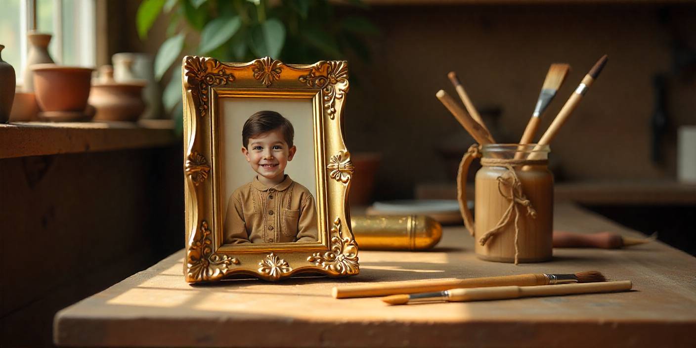 Ornate handmade picture frame with antique gold finish holding a vintage photo.