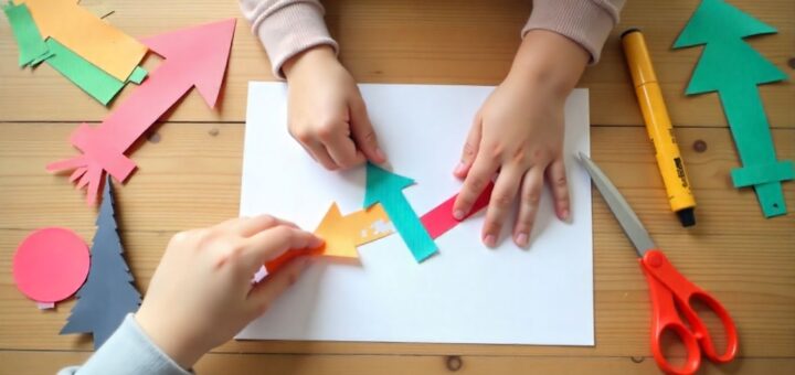 Hands making colorful paper arrows on a wooden table with scissors, glue, and markers for a fun DIY craft project.