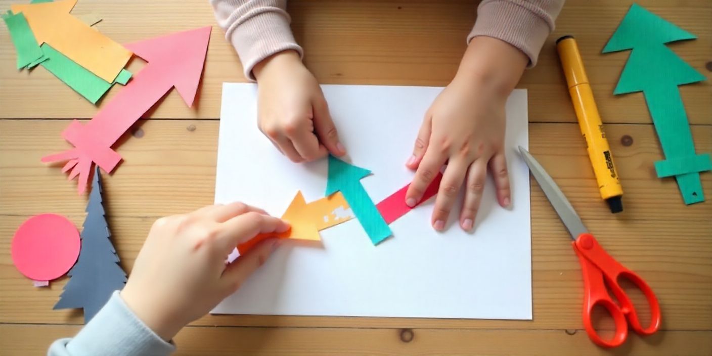 Hands making colorful paper arrows on a wooden table with scissors, glue, and markers for a fun DIY craft project.