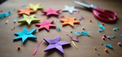 Handmade colorful paper stars created from folded strips, shown on a desk with scissors and paper strips.