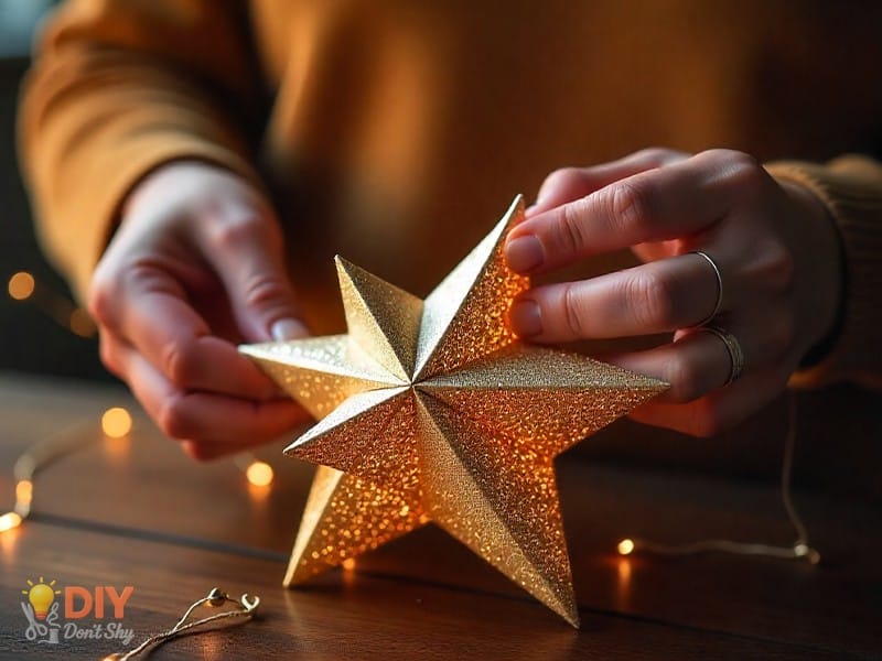 Tucking the end of the paper strip into folds to finish the star shape.