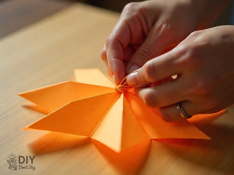Hands tying a knot at the end of a paper strip to start making a star.