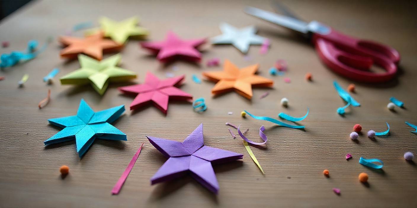 Handmade colorful paper stars created from folded strips, shown on a desk with scissors and paper strips.