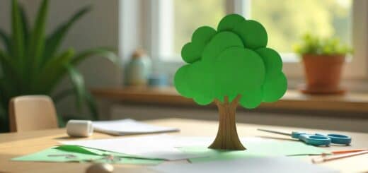 Handmade 3D paper tree craft made with green and brown paper, scissors, and glue on a desk.