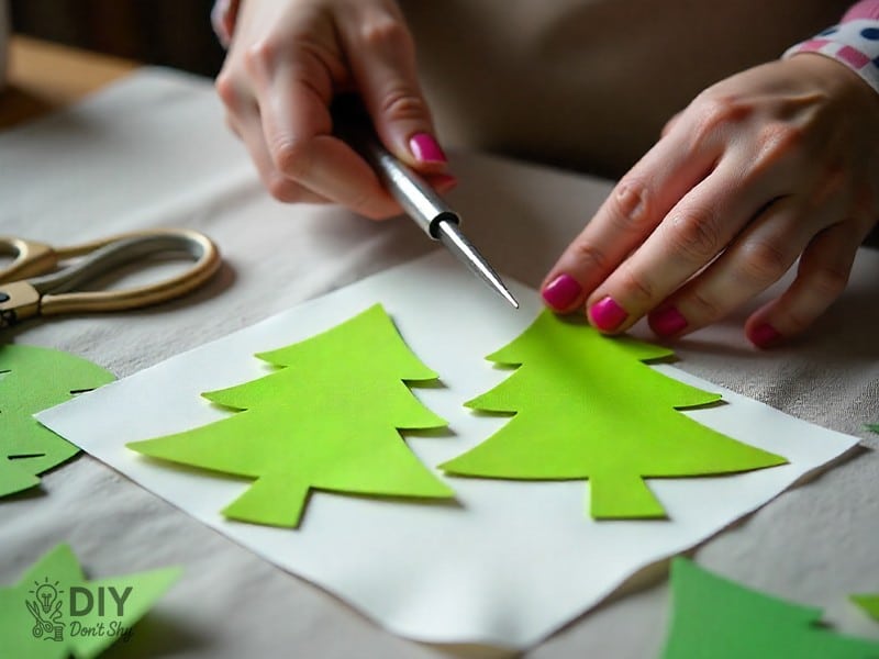 Hands cutting green paper treetop shapes for a 3D paper tree craft.
