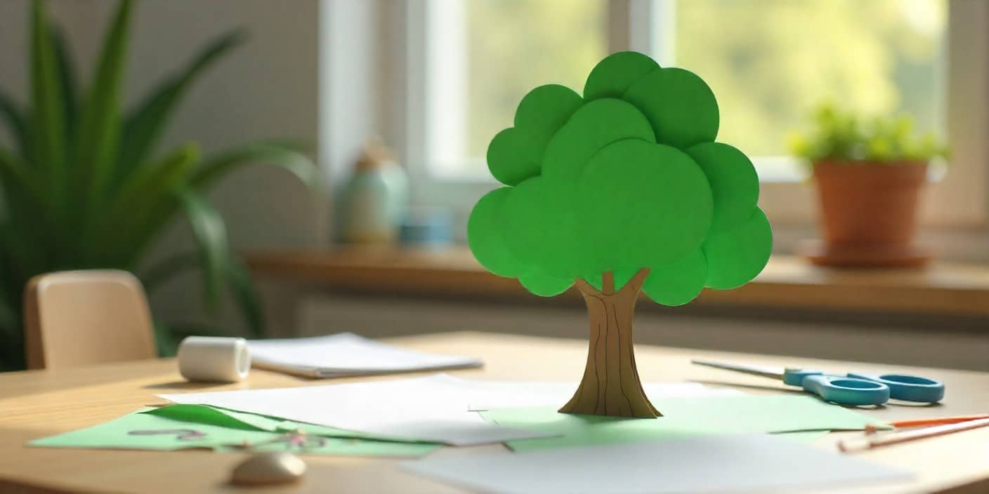 Handmade 3D paper tree craft made with green and brown paper, scissors, and glue on a desk.
