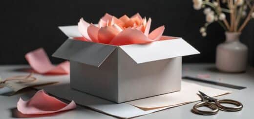 Large paper box made from folded craft paper, shown on a desk with scissors and ruler.