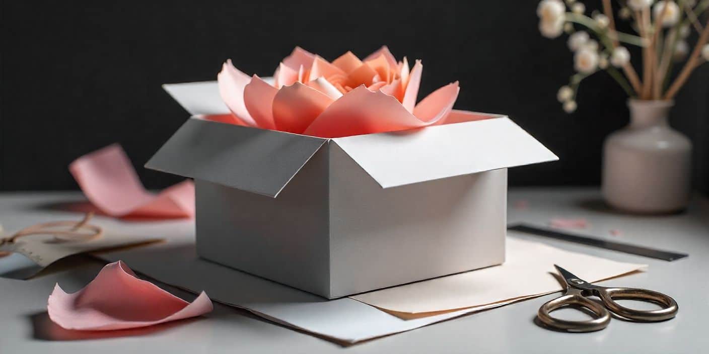 Large paper box made from folded craft paper, shown on a desk with scissors and ruler.