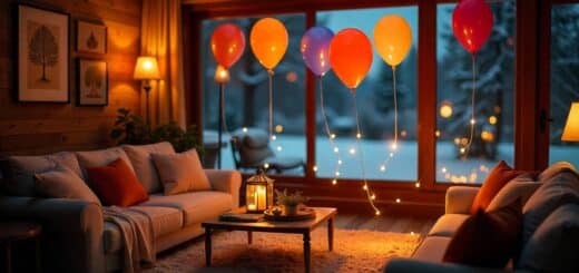Creative homemade helium balloon effect using fishing line and balloons in a living room.