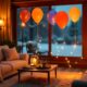 Creative homemade helium balloon effect using fishing line and balloons in a living room.