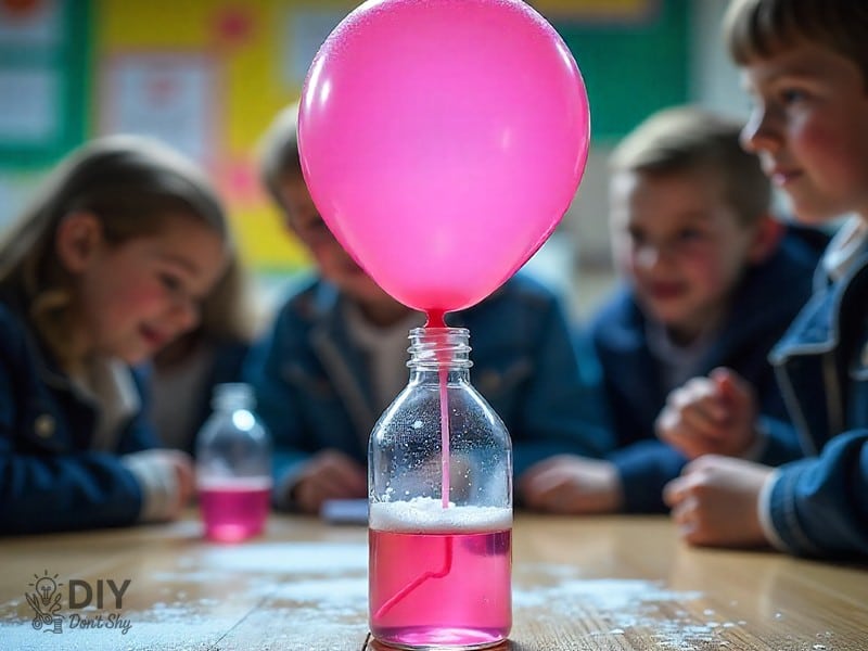 Baking soda and vinegar balloon inflating as a rainy day science demo.